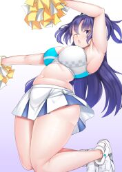 Rule 34 | 1girl, absurdres, arm up, armpits, bare arms, bare shoulders, bifizu&#039;s gold, blue archive, breasts, character request, commentary request, cosplay, crop top, gradient background, highres, holding, holding pom poms, large breasts, long hair, looking at viewer, midriff, millennium cheerleader outfit (blue archive), miniskirt, navel, one eye closed, plump, pom pom (cheerleading), pom poms, purple background, purple eyes, purple hair, shoes, skirt, sneakers, solo, stomach, thighs, two side up, very long hair, white footwear, white skirt, yuuka (blue archive)
