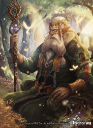 Rule 34 | 1boy, beard, braid, copyright name, facial hair, flower, force of will, forest, fuji q, hair ornament, jewelry, long beard, long hair, male focus, nature, necklace, old, pointy ears, ring, sitting, solo, staff, sunlight, white hair