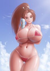 Rule 34 | 1girl, beach, bikini, bow, breasts, brown eyes, brown hair, cleavage, curvy, day, fatal fury, hair bow, hair ornament, huge breasts, long hair, looking at viewer, ponytail, red bikini, saf-404, shiranui mai, smile, solo, standing, swimsuit, the king of fighters, thighhighs, thighs, toned female, video game character, wide hips