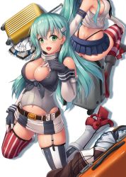 Rule 34 | 2girls, amatsukaze (kancolle), amatsukaze (kancolle) (cosplay), aqua hair, areola slip, ass, asymmetrical legwear, awa yume, blue skirt, blue thighhighs, breasts, cleavage, collar, colorado (kancolle), colorado (kancolle) (cosplay), cosplay, elbow gloves, gloves, green eyes, hair ornament, hairclip, hand on own chest, hand on own leg, high heels, highres, iowa (kancolle), iowa (kancolle) (cosplay), kantai collection, kneeling, large breasts, long hair, looking at viewer, metal collar, midriff, mismatched legwear, multiple girls, navel, pleated skirt, red legwear, rolling suitcase, rudder footwear, shimakaze (kancolle), shimakaze (kancolle) (cosplay), sideboob, sidelocks, simple background, skirt, straight hair, striped clothes, striped legwear, striped thighhighs, suitcase, suzuya (kancolle), thighhighs, thong, vertical-striped clothes, vertical-striped thighhighs, white background