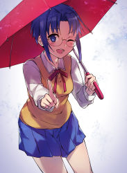 Rule 34 | 1girl, ;d, absurdres, blue eyes, blue hair, blue skirt, blush, ciel (tsukihime), collared shirt, cowboy shot, glasses, hair intakes, highres, holding, holding umbrella, index finger raised, long sleeves, looking at viewer, miniskirt, neck ribbon, one eye closed, open mouth, pleated skirt, red ribbon, red umbrella, ribbon, school uniform, shigure (shigure 43), shirt, short hair, skirt, smile, solo, sweater, sweater vest, tsukihime, umbrella, white shirt, wing collar, yellow sweater