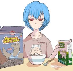 Rule 34 | 1girl, andres manuel lopez obrador, ayanami rei, beige shirt, blue hair, bowl, breakfast, cereal, cereal box, collarbone, cow, facing viewer, female focus, highres, looking down, mexico, milk, neon genesis evangelion, nose, nutrileche, pantsu-ripper, red eyes, short hair, simple background, solo, spanish text, spill, spilled milk, spoon, white background