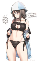 Rule 34 | ..., 10s, 1girl, alternate costume, black eyes, black hair, blush, bra, breasts, brown eyes, cat cutout, cat ear panties, cat lingerie, cleavage, cleavage cutout, clothing cutout, collarbone, cowboy shot, eyebrows, frills, girls und panzer, groin, hair between eyes, hard-translated, hat, highres, holding, inu (aerodog), jacket, large breasts, legs apart, long hair, long sleeves, looking at viewer, meme attire, mika (girls und panzer), navel, off shoulder, open clothes, open mouth, panties, side-tie panties, simple background, solo, standing, stomach, talking, text focus, third-party edit, translated, twitter username, underwear, white background