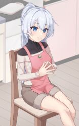 Rule 34 | 1girl, apron, blue eyes, chair, commentary request, feet out of frame, grey shorts, grey sweater, highres, honkai (series), honkai impact 3rd, hyunjjing, indoors, kiana kaslana, long hair, long sleeves, looking at viewer, off-shoulder sweater, off shoulder, own hands together, pink apron, ponytail, shorts, sitting, smile, solo, steepled fingers, sweater, thighs, white hair