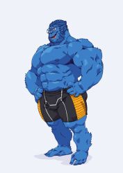 Rule 34 | 1boy, :d, bara, beard, beast (x-men), blue hair, blue skin, body fur, bulge, colored skin, facial hair, full beard, glasses, highres, large pectorals, looking at viewer, male focus, marvel, mature male, monster boy, muscular, muscular male, navel, nipples, open mouth, pectorals, pointy ears, short hair, short shorts, shorts, smile, solo, standing, stomach, strongman waist, tachi-e, taoren, thick beard, thick thighs, thighs, topless male, x-men