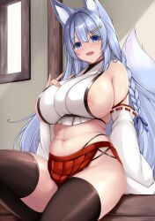 Rule 34 | 1girl, :d, animal ear fluff, animal ears, black thighhighs, blue eyes, blue hair, blush, braid, breasts, commentary request, crop top, detached sleeves, fox ears, fox girl, fox tail, hair ornament, hairclip, hand on own chest, hand up, highres, huge breasts, indoors, long hair, looking at viewer, midriff, miniskirt, mole, mole under eye, navel, nipple slip, nipples, no bra, open mouth, original, pleated skirt, plump, red skirt, ribbon-trimmed sleeves, ribbon trim, sitting, skirt, smile, sogaya, solo, tail, thighhighs, thighs, very long hair, wide sleeves