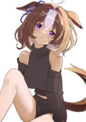 Rule 34 | 1girl, @ @, ahoge, alternate costume, animal ears, bare shoulders, black shorts, black sweater, blush, bow, breasts, brown hair, closed mouth, commentary request, ear ornament, ear ribbon, ears down, hair between eyes, horse ears, horse girl, horse tail, knee up, large breasts, long sleeves, meisho doto (umamusume), meme attire, multicolored hair, navel, purple eyes, ribbed sweater, senbonsang, shorts, simple background, sleeveless, sleeveless turtleneck, solo, streaked hair, sweater, tail, turtleneck, umamusume, white background, white hair