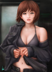 Rule 34 | 10s, 1girl, black bra, black shirt, bra, breasts, brown eyes, brown hair, cleavage, commentary request, ebi (eeotoko), girls und panzer, highres, lips, looking at viewer, medium breasts, navel, nishizumi miho, off-shoulder shirt, off shoulder, open fly, pants, shirt, short hair, solo, unbuttoned, underwear, undressing