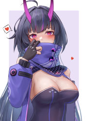 Rule 34 | 1girl, ahoge, areola slip, bare shoulders, black gloves, black hair, blush, breasts, chinese commentary, cleavage, commentary request, gloves, hair intakes, hand up, heart, high collar, highres, honkai (series), honkai impact 3rd, horns, jacket, large breasts, long hair, long sleeves, looking at viewer, open clothes, open jacket, purple eyes, purple jacket, raiden mei, raiden mei (herrscher of thunder), solo, spoken heart, strapless, upper body, very long hair, yelan xing xuan