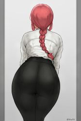 Rule 34 | 1girl, ass, black pants, bluefield, blurry, blurry background, braid, braided ponytail, chainsaw man, facing away, formal, from behind, highres, huge ass, long hair, makima (chainsaw man), pant suit, pants, red hair, shirt, shirt tucked in, sidelocks, solo, standing, suit, white shirt