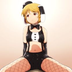 Rule 34 | 1girl, bare shoulders, black bow, black bowtie, black gloves, black hat, blonde hair, bow, bowtie, breasts, brown background, bunny day, closed mouth, collar, commentary request, crop top, detached collar, elbow gloves, fishnets, gloves, hat, looking away, looking to the side, midriff, mini hat, navel, panties day, pantyhose, red eyes, ringo (touhou), shirosato, small breasts, solo, spread legs, sweatdrop, tilted headwear, touhou, white collar, wing collar
