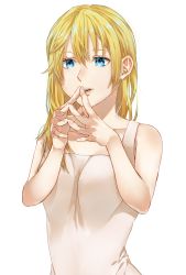Rule 34 | 1girl, bare shoulders, blonde hair, blue eyes, breasts, collarbone, dress, highres, jack (neku13), kingdom hearts, kingdom hearts ii, long hair, looking at viewer, namine, open mouth, simple background, solo, white background, white dress