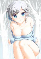 Rule 34 | 10s, 1girl, absurdres, alternate costume, anastasia (idolmaster), bad id, bad pixiv id, blue eyes, breasts, cleavage, closed mouth, collarbone, commentary request, eyebrows, highres, idolmaster, idolmaster cinderella girls, large breasts, legs together, long sleeves, looking at viewer, miyashita maka, off-shoulder, off-shoulder sweater, off shoulder, ribbed sweater, silver hair, sitting, sleeves past wrists, smile, solo, sweater