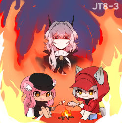 Rule 34 | 3girls, :3, :d, animal ears, arknights, ascot, black ascot, black dress, black headwear, black shirt, campfire, chibi, commentary, dark-skinned female, dark skin, dragon horns, dress, ears through headwear, english commentary, fire, fish, fish (food), food, frown, gameplay mechanics, gravel (arknights), gravel (modeling night) (arknights), grey hair, hair between eyes, hair intakes, hat, highres, holding, holding stick, hood, hood up, hooded jacket, horns, jacket, long hair, long sleeves, looking at viewer, marshmallow, mouse ears, multiple girls, official alternate costume, open clothes, open jacket, open mouth, orange eyes, pink hair, projekt red (arknights), projekt red (light breeze) (arknights), red eyes, red jacket, roasting, shirt, sitting, skewer, smile, split mouth, stick, supershrimpcakes, tail, talulah (arknights), two-tone dress, white dress, wolf ears, wolf girl, wolf tail, yellow eyes