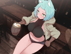 Rule 34 | 1girl, alcohol, animal ears, beer, belt, black belt, blue hair, blush, breasts, brown gloves, cat ears, cat girl, closed mouth, crop top, cup, gloves, green eyes, grey shorts, holding, holding cup, jacket, large breasts, leaning back, legs together, medium hair, micro shorts, midriff, navel, open clothes, open jacket, original, bar (place), sanpaku, short hair, shorts, sitting, smile, solo, sumiyao (amam), tankard