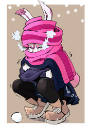 Rule 34 | 1girl, animal ears, animal nose, black pantyhose, border, brown background, brown footwear, closed eyes, cold, commentary, commission, crossed arms, english commentary, furry, furry female, highres, inktober, original, pantyhose, pink scarf, pleated skirt, rabbit ears, rabbit girl, rabbit tail, scarf, scarf on head, self hug, shoes, short eyebrows, skirt, sneakers, snowing, squatting, tail, trembling, whiskers, white border, xfiro