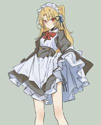 Rule 34 | 1girl, alternate costume, apron, azur lane, black dress, blonde hair, bow, bowtie, bu4321, cleveland (azur lane), closed mouth, corset, dress, enmaided, feet out of frame, furrowed brow, green background, highres, long hair, long sleeves, looking at viewer, maid, maid apron, parted bangs, petticoat, puffy long sleeves, puffy sleeves, red bow, red bowtie, red eyes, side ponytail, simple background, skirt hold, solo, standing
