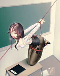 Rule 34 | 1girl, absurdres, ball gag, bdsm, black footwear, black pantyhose, black skirt, bondage, book, bound, bound legs, bound wrists, box, bra, breasts, breath, brown eyes, brown hair, chalkboard, classroom, collar, collarbone, controller, crotch rope, crying, desk, drooling, english text, feet up, female focus, full body, gag, gagged, glowing, hidden (pixiv 46421548), high heels, highres, indoors, kneeling, large breasts, leash, legs together, long hair, long sleeves, looking at viewer, miniskirt, on desk, open clothes, open shirt, original, outstretched arms, panties, panties under pantyhose, pantyhose, pencil skirt, pussy juice, remote control, remote control vibrator, rope, saliva, school desk, see-through, sex toy, shirt, shoes, side slit, skindentation, skirt, slave, solo, sweat, teacher, tears, thighband pantyhose, torn clothes, torn pantyhose, underwear, vibrator, vibrator cord, vibrator under clothes, wet, wet clothes, white bra, white panties, white shirt