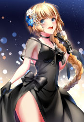 Rule 34 | 1girl, :d, alcohol, black choker, black dress, black ribbon, blonde hair, blue eyes, blush, braid, breasts, champagne, champagne flute, choker, commentary request, cup, dress, drinking glass, fate/grand order, fate (series), flower, hair flower, hair ornament, hair ribbon, highres, jeanne d&#039;arc (fate), jeanne d&#039;arc (formal dress) (fate), jeanne d&#039;arc (ruler) (fate), large breasts, long braid, long hair, looking at viewer, open mouth, pixiv fate/grand order contest 2, ribbon, rukinya (nyanko mogumogu), side slit, single braid, smile, solo