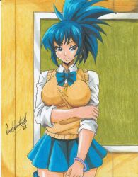 Rule 34 | 1girl, 2021, artist name, blue bow, blue eyes, blue hair, blue skirt, bow, bracelet, breasts, classroom, earrings, high ponytail, highres, indoors, jewelry, large breasts, leona heidern, long sleeves, looking at viewer, ponytail, ravernclouk design, school uniform, sidelocks, skirt, smile, snk, solo, the king of fighters, thighs, traditional media, triangle earrings