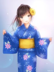 Rule 34 | 1girl, :d, artist name, blue kimono, brown eyes, brown hair, floral print, flower, gradient background, hair flower, hair ornament, japanese clothes, kimono, long hair, looking at viewer, nail polish, open mouth, original, pink nails, ponytail, simple background, smile, standing, wide sleeves, yukata, yurubine