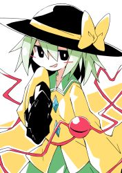 Rule 34 | 1girl, asameshi, black eyes, black hat, blush stickers, bow, bright pupils, green hair, green skirt, hair between eyes, hand up, hat, hat bow, heart, heart of string, komeiji koishi, medium hair, open mouth, shirt, skirt, sleeves past fingers, sleeves past wrists, smile, solo, third eye, touhou, upper body, white background, white pupils, yellow background, yellow bow, yellow shirt