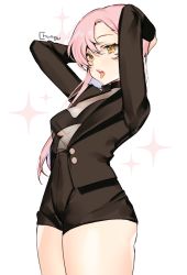 10s 1girl alternate_costume arms_behind_head artist_name bad_id bad_twitter_id black_bra black_shorts bra choker chungu female_focus idolmaster idolmaster_cinderella_girls jougasaki_mika long_hair looking_at_viewer open_mouth pink_hair see-through_clothes shorts solo sparkle thighs tongue tongue_out underwear yellow_eyes