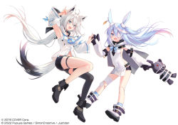 Rule 34 | 2girls, ahoge, animal ear fluff, animal ears, arm up, armpits, bandage over one eye, black bow, black footwear, black shorts, black thighhighs, blue hair, blue neckerchief, blush, bow, braid, commentary request, copyright name, detached sleeves, doll, elbow gloves, fox ears, fox girl, fox shadow puppet, fox tail, fukahire (ruinon), gloves, gradient hair, green eyes, hair between eyes, hair bow, holding, holding doll, hololive, hood, hoodie, little witch nobeta, long hair, looking at viewer, monica (little witch nobeta), multicolored hair, multiple girls, neckerchief, open mouth, oversized gloves, pentagram, pink hair, rabbit ears, shirakami fubuki, shirakami fubuki (1st costume), short shorts, shorts, sidelocks, simple background, single braid, single thighhigh, smile, tail, thigh strap, thighhighs, virtual youtuber, voice actor connection, white background, white hair, white hoodie