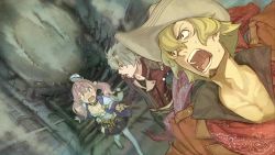 Rule 34 | 10s, 1girl, 2boys, atelier (series), atelier escha &amp; logy, blonde hair, blush, boulder, breasts, choker, collarbone, constricted pupils, cowboy hat, dutch angle, escha malier, facial hair, game cg, goatee, hat, hidari (left side), holding hands, jacket, logix ficsario, long hair, multiple boys, nose blush, official art, open mouth, pink hair, profile, reyfer luckberry, short hair, sweat, tears, thighhighs, twintails, white hair, white thighhighs