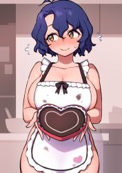 Rule 34 | 1girl, antenna hair, apron, blue hair, blush, breasts, brown eyes, candy, chocolate, chocolate heart, cleavage, embarrassed, flying sweatdrops, food, hair between eyes, heart, holding, holding chocolate, holding food, idolmaster, idolmaster million live!, idolmaster million live! theater days, kitchen, kwaejina, large breasts, looking away, looking to the side, naked apron, short hair, sideboob, smile, solo, stain, sweatdrop, toyokawa fuka, white apron