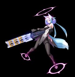 Rule 34 | 1girl, :o, animal ears, animated, animated gif, artist request, bare shoulders, black background, blue hair, boots, breasts, detached sleeves, floating, full body, halo, holding, holding weapon, huge weapon, long hair, medium breasts, original, serious, spiked hair, tail, weapon