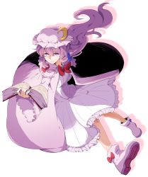 Rule 34 | 1girl, book, boots, bow, cloak, colored shadow, crescent moon, expressionless, foreshortening, frills, full body, hair bow, hat, long hair, looking at viewer, mob cap, moon, moon (ornament), namataro, pajamas, patchouli knowledge, purple eyes, purple hair, shadow, footwear bow, shoes, solo, striped, touhou, white background