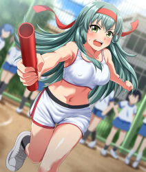Rule 34 | 1girl, absurdres, aqua hair, baton, black socks, blurry, blush, breasts, collarbone, commission, dutch angle, green eyes, green hair, gym uniform, hair between eyes, highres, holding, kantai collection, long hair, looking at viewer, medium breasts, midriff, navel, open mouth, outdoors, pixiv commission, shoes, short shorts, shorts, sneakers, socks, solo, suzuya (kancolle), sweatdrop, tank top, track uniform, white footwear, white shorts, white tank top, zanntetu