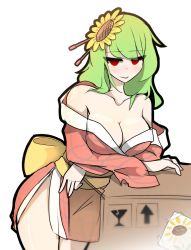 Rule 34 | 1girl, bare shoulders, blush, box, breast rest, breasts, cleavage, collarbone, come hither, commentary, cowboy shot, crate, crossed arms, flower, green hair, hair flower, hair ornament, highres, japanese clothes, kaliningradg, kazami yuuka, kimono, large breasts, leaning forward, looking at viewer, naughty face, obi, parted lips, red eyes, red kimono, ribbon, sash, see-through, short hair, short kimono, short yukata, side slit, simple background, smile, smirk, solo, sunflower, thighs, touhou, white background, yellow ribbon, yukata