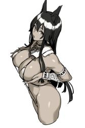 Rule 34 | 1girl, animal ears, anubis (houtengeki), arm guards, bare shoulders, breast hold, breasts, cleavage, collar, greyscale, houtengeki, large breasts, long hair, looking at viewer, monochrome, open mouth, original, simple background, slingshot swimsuit, solo, strap gap, swimsuit, usekh collar, very long hair, white background