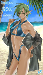 Rule 34 | 1girl, beach, bikini, blue bikini, blue sky, breasts, collarbone, commentary request, day, drill (emilio), elf, english text, food in mouth, green hair, grey jacket, hand on own hip, highres, jacket, looking at viewer, milestone celebration, navel, off shoulder, original, outdoors, palm tree, pointy ears, popsicle, popsicle in mouth, sand, short hair, single bare shoulder, sky, small breasts, solo, stomach, swimsuit, thank you, tree, wide sleeves, yellow eyes
