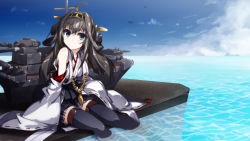 Rule 34 | 10s, 1girl, ahoge, battleship, blue eyes, boat, braid, brown hair, day, detached sleeves, hairband, highres, japanese clothes, kantai collection, kongou (kancolle), military, military vehicle, ocean, personification, ship, sky, sleeves past wrists, soaking feet, solo, thighhighs, vane (vane0), warship, water, watercraft