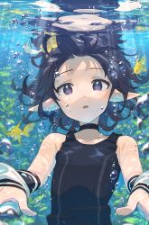 Rule 34 | 1girl, animal, bare shoulders, black hair, black one-piece swimsuit, bubble, choker, fish, flat chest, highres, long hair, looking at viewer, narumi arata, one-piece swimsuit, open mouth, original, pointy ears, reflection, solo, swimsuit, underwear