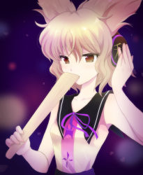Rule 34 | 1girl, absurdres, bare arms, blonde hair, brown eyes, covering own mouth, earmuffs, hand on headphones, hand on headwear, headphones, highres, hutson, light particles, looking at viewer, pointy hair, purple background, ribbon, ritual baton, shirt, short hair, simple background, sleeveless, sleeveless shirt, solo, touhou, toyosatomimi no miko, upper body