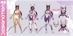 Rule 34 | absurdres, android, animal ears, animal hood, black hair, bodysuit, bodysuit under clothes, cable, cable tail, cat ears, cat girl, character sheet, commentary, commission, cyberpunk, english commentary, full body, gun, handgun, highres, hood, hood up, long hair, mask, masked, mechanical tail, multicolored hair, original, purple eyes, purple hair, revolver, science fiction, see-through, sjbuns, tail, tan, two-tone hair, weapon