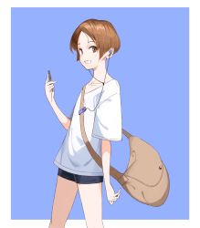 Rule 34 | 1girl, arm at side, arm up, bad id, bad pixiv id, bag, black shorts, brown eyes, brown hair, cicari, clenched teeth, commentary request, grin, headphones, highres, holding, holding phone, looking at viewer, messenger bag, original, parted lips, phone, shirt, short hair, shorts, shoulder bag, smile, solo, standing, teeth, white shirt
