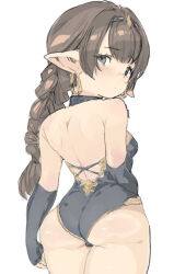 Rule 34 | 1girl, ass, back, backless leotard, black gloves, black leotard, blue eyes, braid, breasts, brown hair, closed mouth, earrings, elbow gloves, fingerless gloves, from behind, gloves, gorirago, granblue fantasy, haaselia, hairband, harvin, highres, hoop earrings, jewelry, leotard, long hair, looking at viewer, looking back, pointy ears, simple background, single braid, small breasts, solo, white background