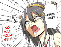 Rule 34 | 10s, 1girl, @ichigo, black hair, collarbone, constricted pupils, emphasis lines, hair ornament, hairband, hairclip, hard-translated, haruna (kancolle), kantai collection, long hair, nontraditional miko, open mouth, orange eyes, simple background, solo, tears, third-party edit, translated, white background