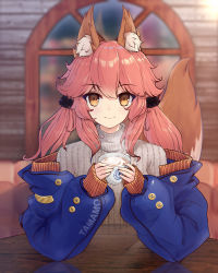 Rule 34 | 1girl, absurdres, alternate hairstyle, animal ear fluff, animal ears, artist name, artist request, chaldea logo, character name, closed mouth, coffee, fang, fate/extra, fate/grand order, fate (series), fox ears, fox girl, fox tail, highres, indoors, looking at viewer, off-shoulder sweater, off shoulder, pink hair, skin fang, solo, sweater, tail, tamamo (fate), tamamo no mae (fate/extra), twintails, yellow eyes
