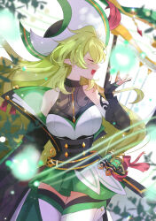 Rule 34 | 1girl, absurdres, bare shoulders, black gloves, black sleeves, bodice, breasts, closed eyes, commentary, detached sleeves, dress, elbow gloves, elf, elsword, fingerless gloves, gloves, green dress, green hair, harp, hat, hat feather, highres, instrument, large breasts, long hair, magic, music, open mouth, pointy ears, profile, prophetess (elsword), rena erindel, sasa (sa1008va), singing, smile, solo, two-tone dress, very long hair, white dress