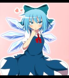 Rule 34 | 1girl, blue dress, blue eyes, blue hair, blush, bow, cirno, do (4-rt), dress, female focus, finger in own mouth, hair bow, heart, highres, letterboxed, looking at viewer, matching hair/eyes, pink background, puffy sleeves, shirt, short hair, short sleeves, solo, touhou, wings