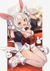 Rule 34 | 1girl, :d, animal ears, armpits, arms up, bare shoulders, breasts, brown eyes, commentary request, fur-trimmed gloves, fur trim, gloves, highres, looking at viewer, obi, open mouth, original, pink thighhighs, rabbit ears, rabbit girl, rabbit pose, rabbit tail, sash, shoes, short eyebrows, sitting, small breasts, smile, solo, strapless, tail, thick eyebrows, thighhighs, v-shaped eyebrows, wariza, white footwear, white gloves, white hair, yuko (uc yuk)