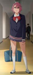 anime_screenshot dandadan highres legs looking_at_viewer pink_eyes pink_hair school_uniform shiratori_aira_(dandadan) shoes skirt socks stitched third-party_edit