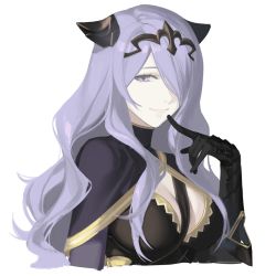 Rule 34 | 1girl, armor, armored dress, black armor, black capelet, black gloves, breasts, camilla (fire emblem), capelet, cleavage, closed mouth, commentary, cropped torso, english commentary, fake horns, finger to mouth, fire emblem, fire emblem fates, gauntlets, gloves, hair ornament, hair over one eye, highres, horns, large breasts, long hair, looking at viewer, mik blamike, nintendo, one eye covered, purple eyes, purple hair, simple background, smile, solo, tiara, very long hair, wavy hair, white background