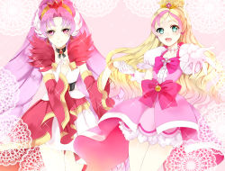 Rule 34 | 2girls, absurdres, akagi towa, aqua eyes, belt, blonde hair, blue eyes, blush, bow, bracelet, choker, cure flora, cure scarlet, detached sleeves, earrings, eyelashes, frilled skirt, frills, gloves, go! princess precure, half updo, hand on own chest, haruno haruka, highres, holding hands, jewelry, long hair, looking at viewer, magical girl, multicolored hair, multiple girls, open mouth, outstretched arm, outstretched hand, parted bangs, pink bow, pink hair, precure, quad tails, red eyes, ribbon, simple background, skirt, smile, streaked hair, tage (meyasubako), two-tone hair, very long hair, waist bow, white gloves